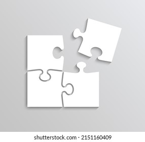Puzzle pieces scheme. Thinking game template. Jigsaw outline grid. Simple mosaic background with separate shapes. Cutting template with 4 details. Frame tiles. Vector illustration.