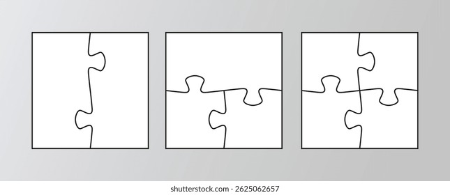 Esquema de piezas de rompecabezas para el juego de pensamiento. Conjunto de rejillas cuadradas de rompecabezas. Fondo de mosaico simple con detalles separados. Cortando Plantilla. Ilustración vectorial.