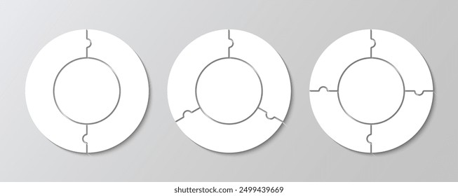 Piezas de rompecabezas. Conjunto de cuadrículas de rompecabezas de círculo con 2, 3 y 4 detalles. Colección de Plantillas de corte. Esquema para el juego del pensamiento. Fondo de mosaico simple. Azulejos de marco. Ilustración vectorial