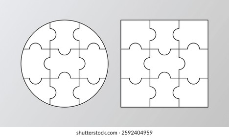 Puzzle pieces set, circle and square. Cutting templates. Scheme for thinking game. Outline jigsaw grids collection. Mosaic background with separate details. Cutting template. Vector illustration.