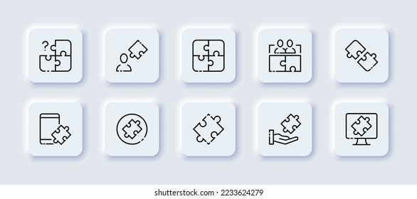 Puzzle pieces set icon. Question mark, search for answers, problem solving, creativity, hand, team, philosophy, distribute tasks, computer. Thinking concept. Neomorphism. Vector line icon for Business