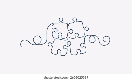 Puzzle pieces set isolated. Vector illustration. Jigsaw puzzle game. Four fragments are connected. Problem solution, working in a team concept. Infographic template. One continuous line.