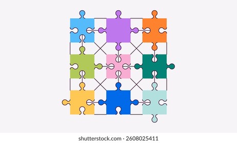 Puzzle pieces set isolated. Vector illustration. Jigsaw puzzle game. Nine fragments are connected. Problem solution, working in a team concept. Infographic template. Bright colors.
