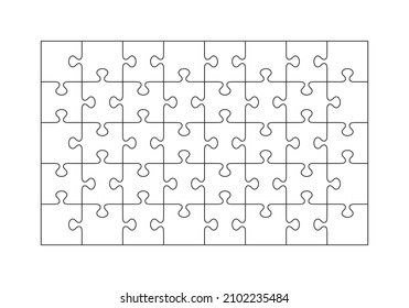 Puzzle pieces set. Jigsaw grid with 40 details. Simple background with mosaic shapes. Scheme for thinking game. Cutting layout. Fun leisure template. Frame empty tiles. Vector illustration.