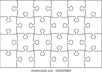 Puzzle pieces set. Jigsaw grid with 24 details. Simple background with mosaic shapes. Scheme for thinking game. Cutting template. Frame tiles. Vector illustration.