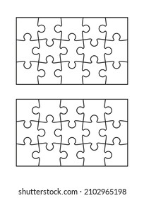 Puzzle pieces set. Jigsaw grid with 15 details. Simple background with mosaic shapes. Cutting template. Scheme for thinking game. Frame tiles. Vector illustration.