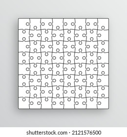 Puzzle pieces set. Jigsaw grid. Thinking mosaic game with 8x8 details. Simple background with 64 separate shapes. Laser cut frame. Bussines banner. Vector illustration.