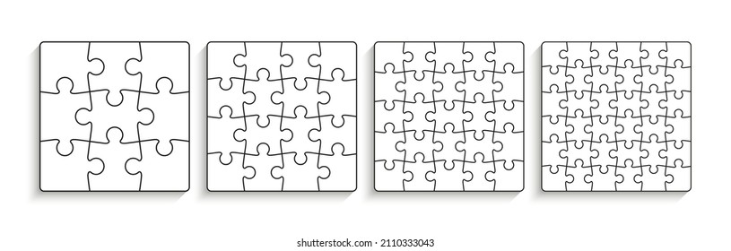 Piezas de rompecabezas establecidas. Matrices de jigsaw. Pensando en un juego de mosaicos con detalles. Marco de corte láser. Disposición de rompecabezas con formas separadas sobre fondo blanco. Ilustración vectorial.