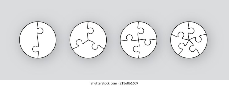 Puzzle pieces set. Jigsaw grids in circle shape. Scheme for thinking game. Simple mosaic background with separate shapes. Cutting template with details. Frame tiles. Vector illustration.