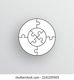 Piezas de rompecabezas establecidas. Rejas de sierra en forma redonda. Esquema para el juego del pensamiento. Fondo simple de mosaico con 8 formas separadas. Cortando la plantilla con detalles. Baldosas de marco. Ilustración vectorial.