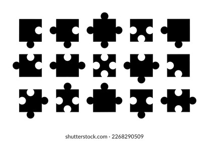 Puzzle pieces set. Jigsaw icon. Set black silhouette puzzle parts. Set vector puzzle pieces isolated on white background. Separate elements for use in presentations, demonstration of teamwork.