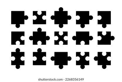 Puzzle pieces set. Jigsaw icon. Set black silhouette puzzle parts. Set vector puzzle pieces isolated on white background. Separate elements for use in presentations, demonstration of teamwork.
