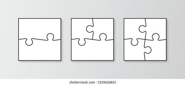 Puzzle pieces set. Jigsaw outline grid. Scheme of thinking game. Modern background with mosaic shapes. Simple frame tiles. Cutting template with details. Vector illustration.