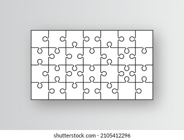 Puzzle pieces set. Jigsaw outline grid. Modern background with mosaic shapes. Scheme of thinking game. Cutting template with 4x7 details. Simple frame tiles. Vector illustration.