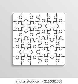 Puzzle pieces set. Jigsaw outline grid. Scheme of thinking game. Modern background with separate shapes. Simple frame tiles. Cutting template with 6x6 details. Mosaic silhouette. Vector illustration.
