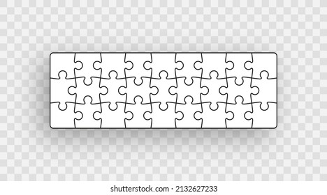 Puzzle pieces set. Jigsaw outline grid. Modern background with separate shapes. Scheme of thinking game. Cutting template with 27 details. Simple mosaic frame tiles. Vector illustration.