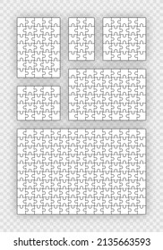 Puzzle pieces set. Jigsaw outline grid. Scheme of thinking game. Modern background with mosaic shapes. Simple frame tiles with details. Cutting template. Vector illustration.