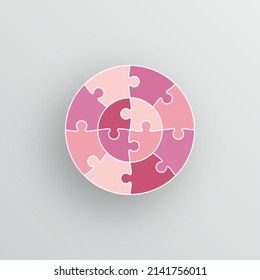 Puzzle pieces set. Jigsaw outline grid in circle shape. Scheme of thinking game. Modern background with 12 mosaic details. Simple frame tiles. Cutting template. Vector illustration.