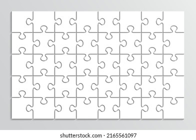 Puzzle pieces set. Jigsaw outline grid. Album orientation. Scheme of thinking game. Modern background with separate shapes. Cutting template with 5x8 details. Simple mosaic tiles. Vector illustration.