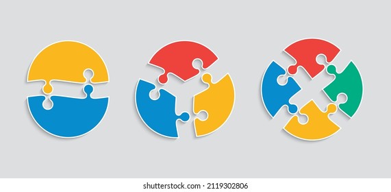 Puzzle pieces set. Round jigsaw grid with separate details. Simple background with mosaic shapes. Circular frame tiles. Cutting template. Scheme for thinking game. Vector illustration.
