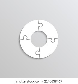 Puzzle pieces set. Round jigsaw grid. Circular scheme of thinking game. Modern background with mosaic shapes. Simple frame tiles. Cutting template with 4 details. Vector illustration.