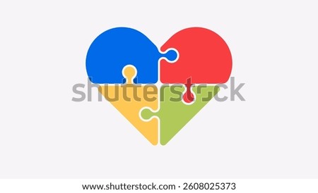 Puzzle pieces in the shape of a heart isolated. Vector illustration. Jigsaw puzzle game. Bright colors.