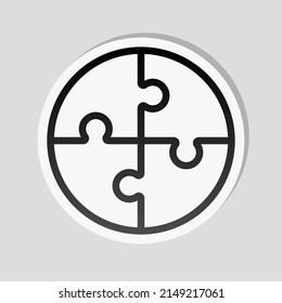 Puzzle pieces, simple icon. Linear sticker, white border and simple shadow on gray background
