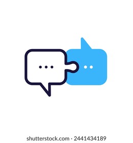 Puzzle pieces in speech bubble shapes icon, vector illustration symbol for integrated communication, problem solving dialogue, and idea collaboration concept