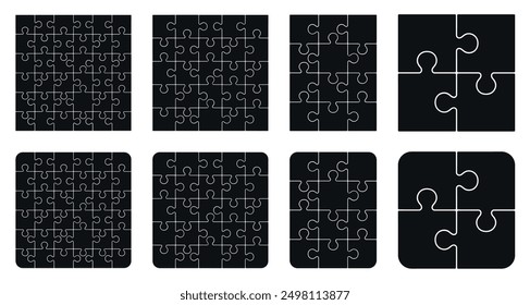 Puzzle pieces square 4x4, 5x5, 6x6, 3x4, isolated on white background. Jigsaw puzzle game vector template with right angles, rounded.