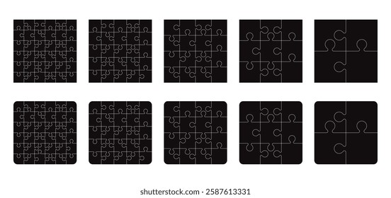 Puzzle pieces square 4x4, 5x5, 6x6, 3x3, isolated on white background. Jigsaw puzzle game vector template with right angles, rounded.