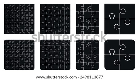 Puzzle pieces square 4x4, 5x5, 6x6, 3x4, isolated on white background. Jigsaw puzzle game vector template with right angles, rounded.