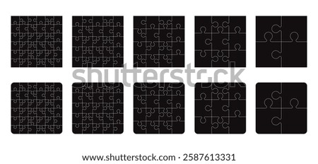 Puzzle pieces square 4x4, 5x5, 6x6, 3x3, isolated on white background. Jigsaw puzzle game vector template with right angles, rounded.