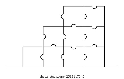 Puzzle pieces stacked in a staircase shape. Ideal for business growth, problem-solving, teamwork, progress, strategy. Simple lines style.
