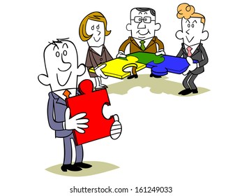 Puzzle pieces with a team of business people
