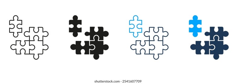 Puzzle Pieces, Teamwork, Logic Game, Idea Line and Silhouette Icon Set. Jigsaw Square Matches Pictogram. Solution, Combination, Challenge Sign. Editable Stroke. Isolated Vector Illustration.