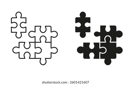 Puzzle Pieces, Teamwork, Logic Game, Idea Line and Silhouette Icon Set. Jigsaw Square Matches Pictogram. Solution, Combination, Challenge Sign. Editable Stroke. Isolated Vector Illustration.