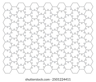 Puzzle pieces template 13x9, 111  isolated on white background. Vector mockup of hexagonal jigsaw with right angles