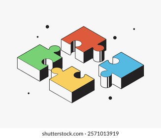 Puzzle Pieces Together and Apart. Vector stock illustration. Putting a puzzle isometric sign. Teamwork symbol, work process stock illustration