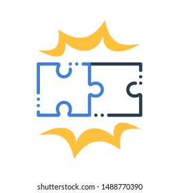 Puzzle pieces, two jigsaw together, simple combination, solution concept, vector flat illustration