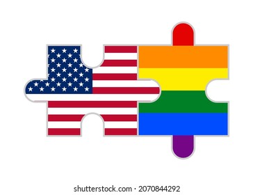 puzzle pieces of usa and rainbow flags. vector illustration isolated on white background