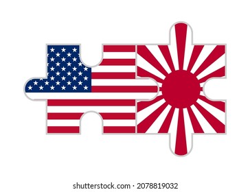 puzzle pieces of usa and rising sun flags. vector illustration isolated on white background
