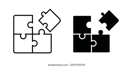 Puzzle pieces vector icon set black filled and outlined style.
