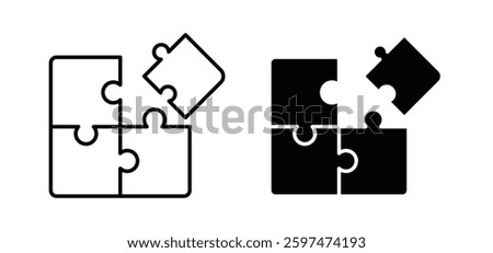 Puzzle pieces vector icon set black filled and outlined style.