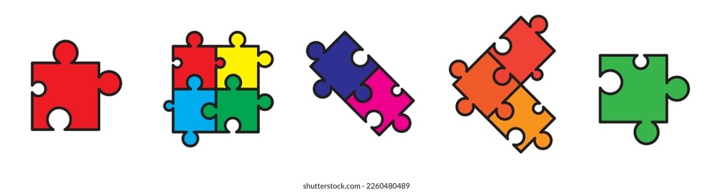 Puzzle pieces vector set. Separate puzzle pieces with the ability to change the thickness of the lines. Puzzle isolated on transparent background. Vector