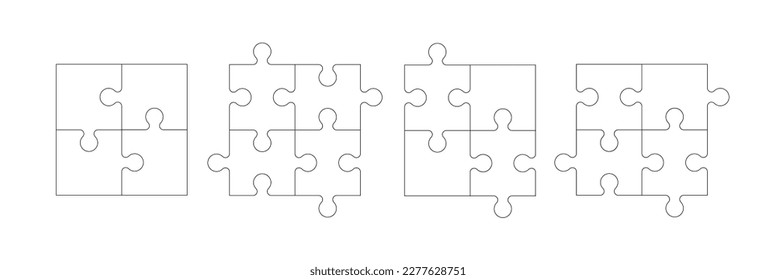 Juego de vectores de piezas de rompecabezas. Separe las piezas del rompecabezas con la capacidad de cambiar el grosor de las líneas. Rompecabezas aislado sobre fondo transparente. Vector 10 eps.