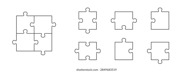 Puzzle pieces vector set. Separate puzzle pieces with the ability to change the thickness of the lines. Puzzle isolated on white background. 