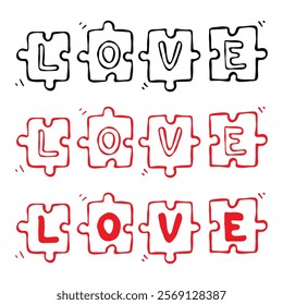 Puzzle pieces with the word Love. Doodle hand-drawn elements, red and black contour variations, isolated on a white background. Prints, digital design, cards, Valentines, weddings, anniversaries