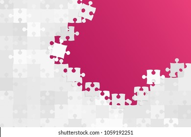 Puzzle pink background, banner, blank. Vector jigsaw section template. Background with grey puzzle frame separate pieces, mosaic, details, tiles, parts. Rectangle abstract jigsaw. Game group detail.