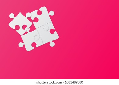 Puzzle pink background, banner, blank. Vector jigsaw section template. Background with puzzle 4 separate pieces, mosaic, details, tiles, parts. Rectangle outline abstract jigsaw. Game group detail.