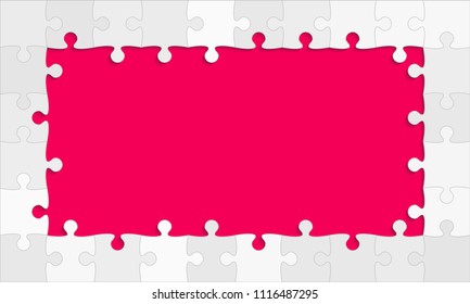 Puzzle pink
 background, banner, blank. Vector jigsaw section template. Background with grey puzzle frame separate pieces, mosaic, details, tiles, parts. Rectangle abstract jigsaw. Game group detail.